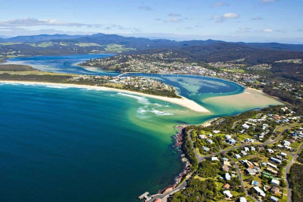 An sky view of Merimbula Beach, where Doma Short Point is located